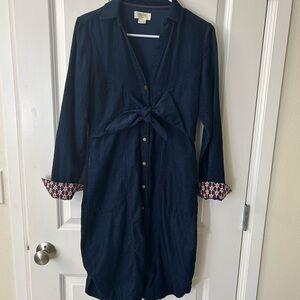 Maeve Dark Blue Long Sleeve Dress with Patterned Cuffs